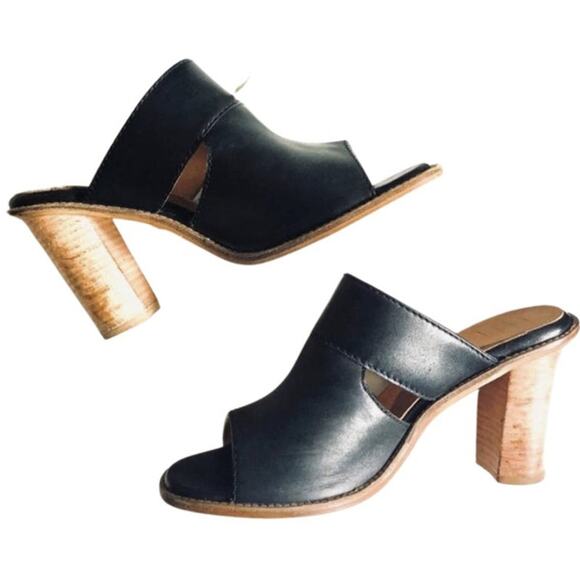 SEY Collection Black Tan Leather Mule Slide Open Toe Chunky Block Heel Shoes 9 - Picture 1 of 9